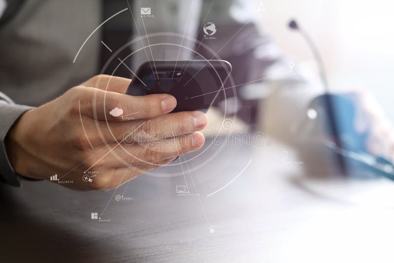 Businessman using VOIP headset with mobile phone and concept com stock illustration
