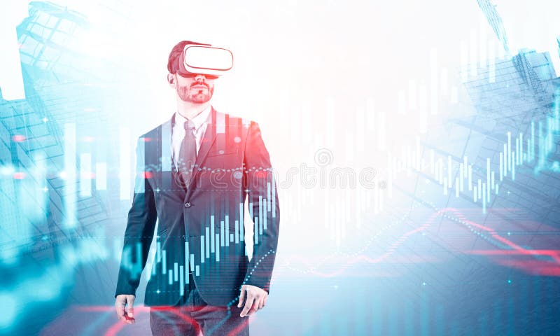 Businessman in VR headset, virtual graph royalty free stock images Businessman in VR headset, virtual graph royalty free stock images