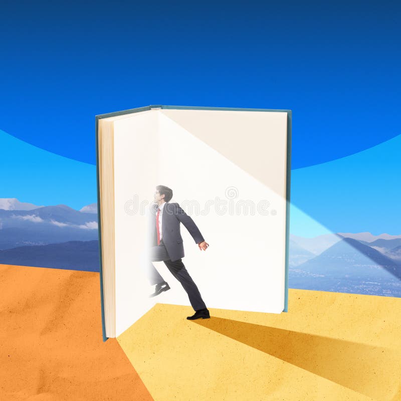 Businessman walking into glowing light of open book in desert, symbolizing transformative power of education and stock image
