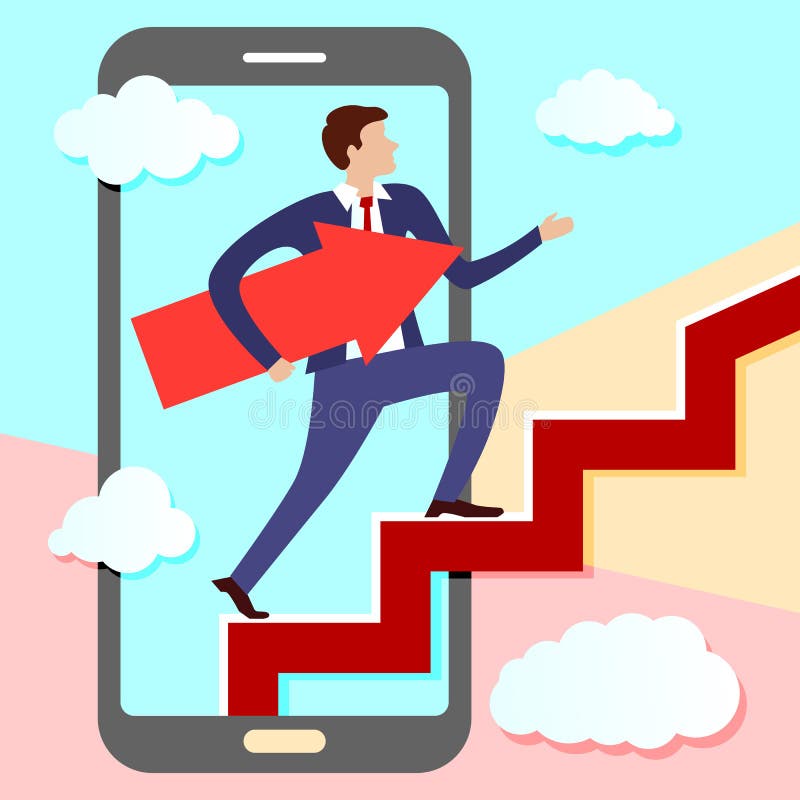 Businessman is walking from screen of smart phone up stairs with arrow pointing along his path under his arm. Concept of