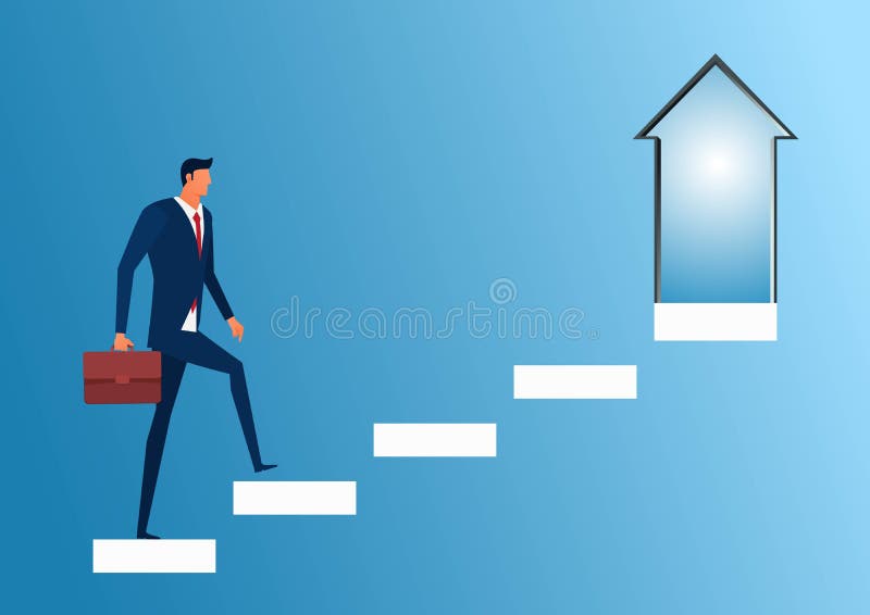 Businessman walking on stair step to door arrow sign and success. Staircase to success.