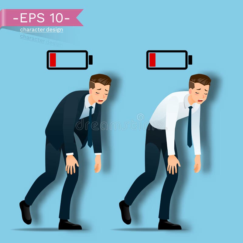 Businessman are walking, tired from working hard and look like he running out of energy by battery above his body. royalty free illustration Businessman are walking, tired from working hard and look like he running out of energy by battery above his body. royalty free illustration