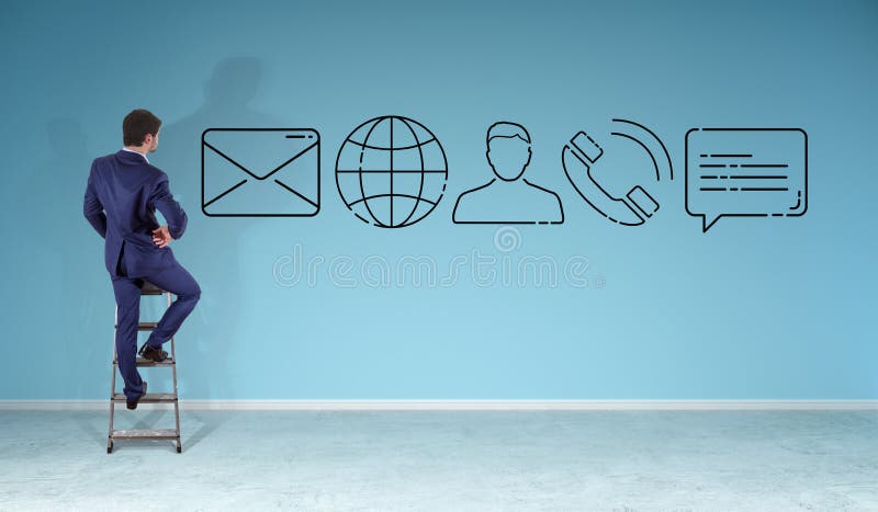 Businessman watching contact icon on a wall vector illustration Businessman watching contact icon on a wall vector illustration