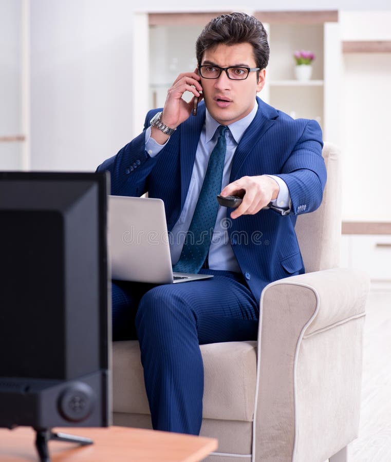 Businessman Watching Tv in the Office Stock Photo Image of control