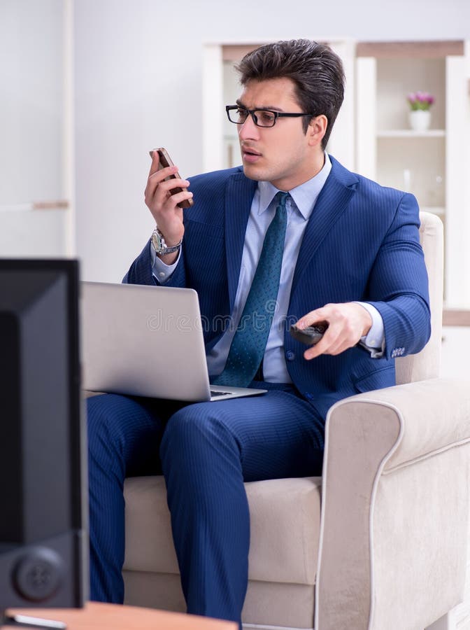 Businessman Watching Tv in the Office Stock Photo Image of busy