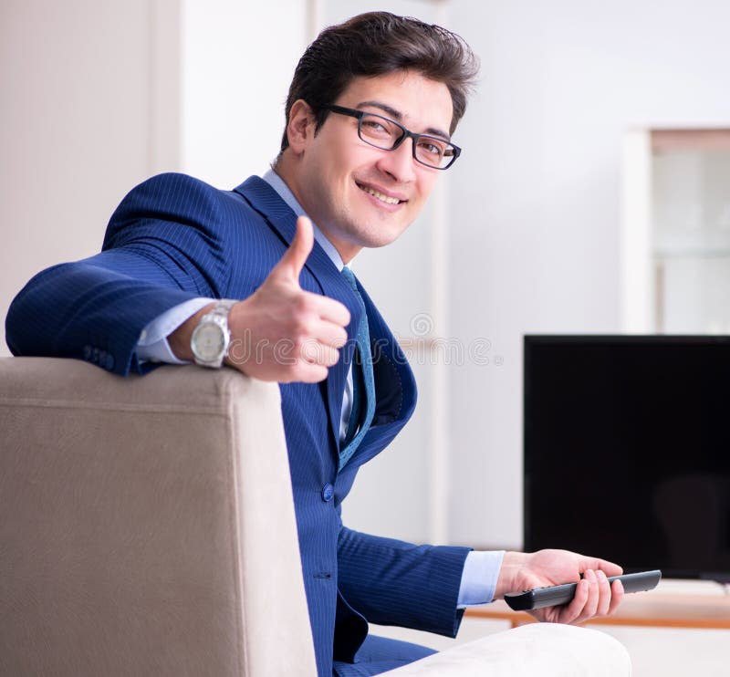 Businessman Watching Tv in the Office Stock Image Image of cinema