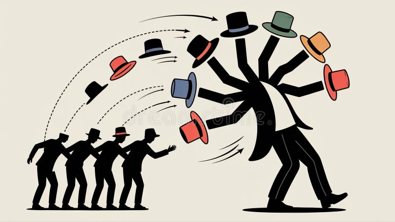 Businessman spinning like carousel distributing hats to waiting colleagues royalty free stock image