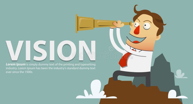 Businessman in a white shirt and red tie standing on top of the mountain and looks through a telescope. vector cartoon