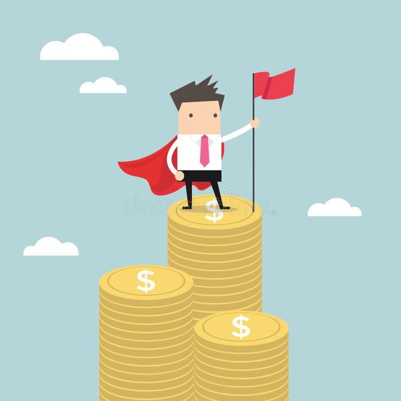 Businessman with winners flag standing on money coin. stock illustration Businessman with winners flag standing on money coin. stock illustration
