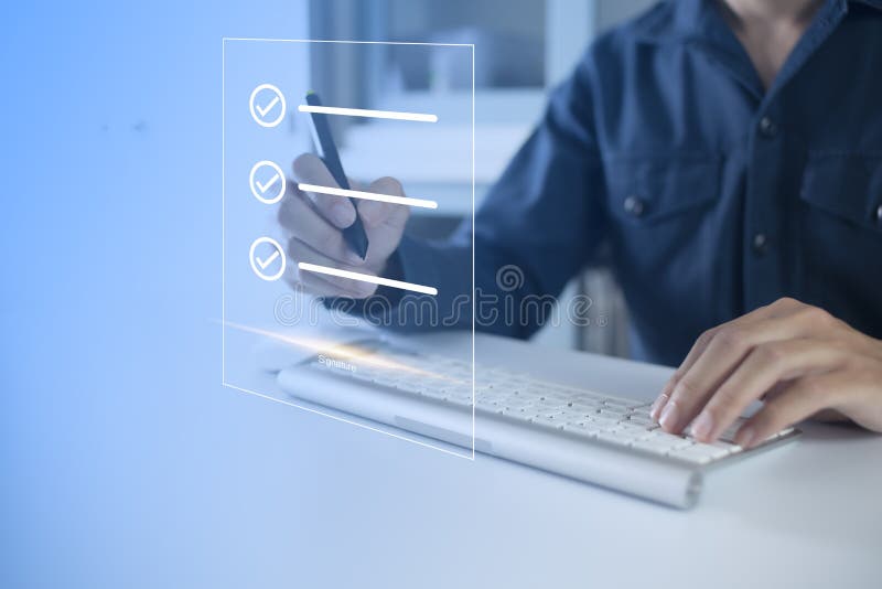 Businessman, work from home, handling documents, E-signing, signing digital contracts electronic signing electronic signature royalty free stock image