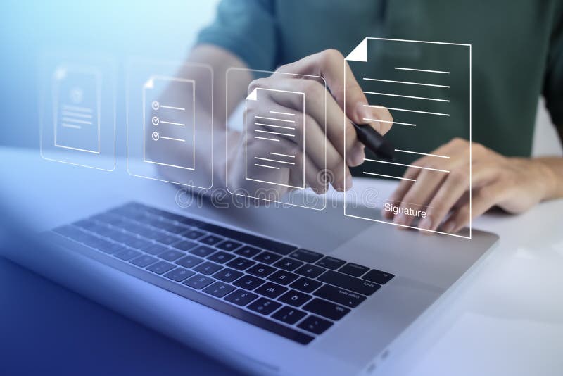 Businessman, work from home, handling documents, E-signing, signing digital contracts electronic signing electronic signature stock photography