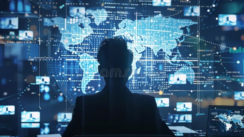 Businessman working with global futuristic technology interface royalty free illustration