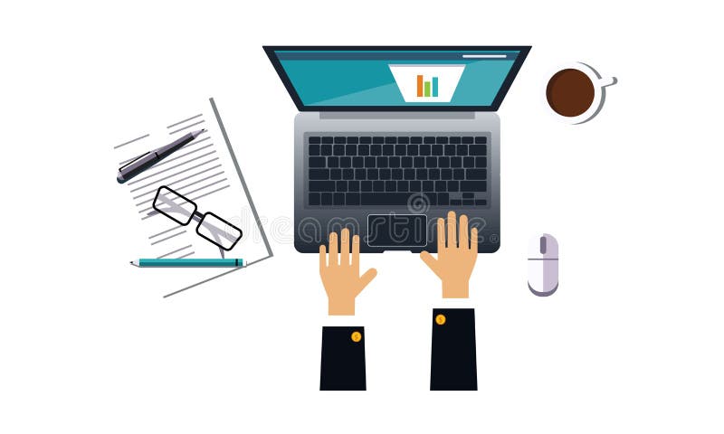 Businessman working with laptop analyzing graph, office workplace, view from above vector Illustration on a white stock illustration