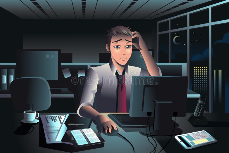 Businessman working late at night in the office royalty free illustration Businessman working late at night in the office royalty free illustration