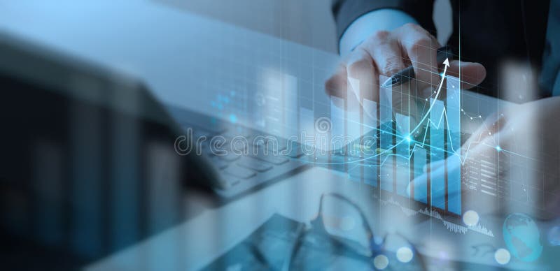 Businessman working with modern computer calculator virtual dashboard analyzing finance sales data and economic growth graph chart royalty free stock image