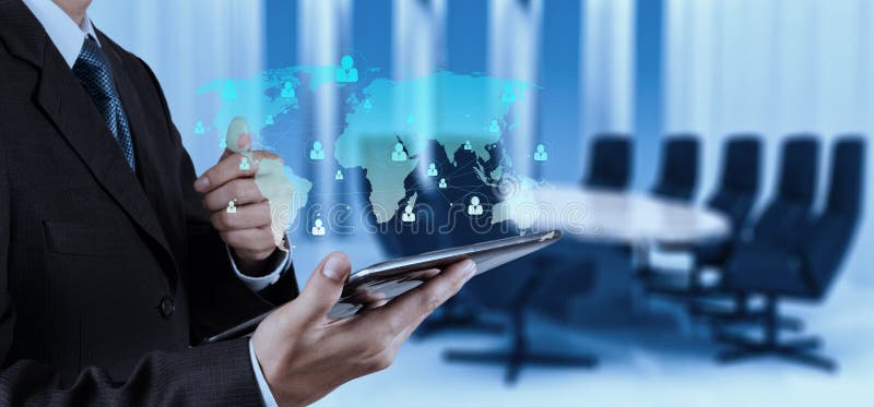 Businessman working with new modern computer show social network stock photo