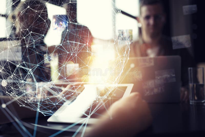 Businessman works in office with a tablet. Concept of internet sharing stock photo Businessman works in office with a tablet. Concept of internet sharing stock photo