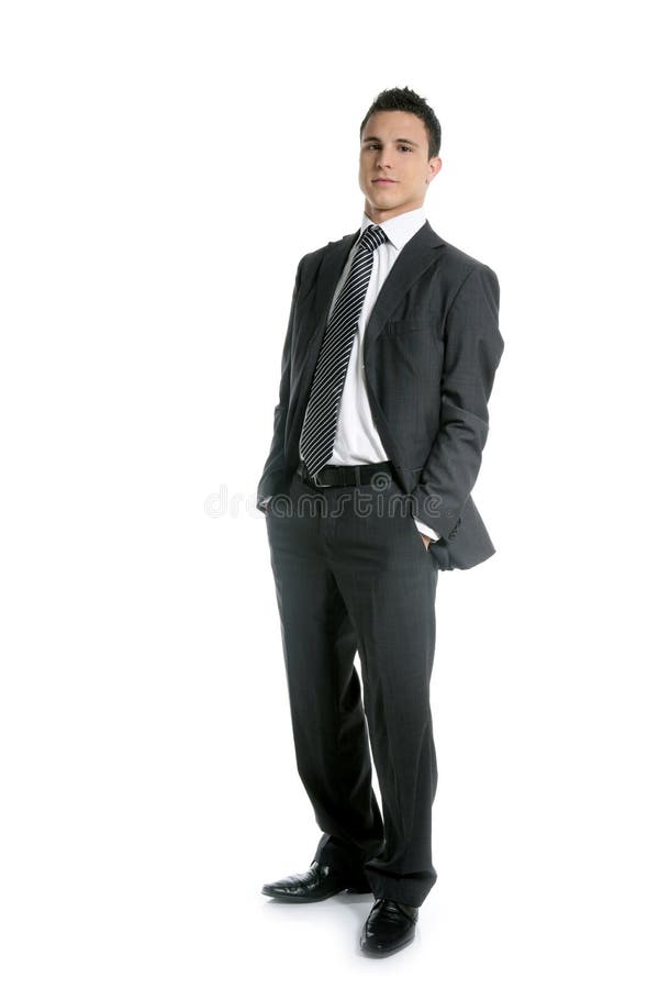 Businessman young stand up, full length on white stock photo