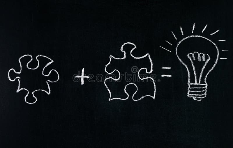 Businessmans Hand drawing puzzle on blackboard to explain business concept. Solving puzzle together. Drawing light bulb on blackbo stock photo Businessmans Hand drawing puzzle on blackboard to explain business concept. Solving puzzle together. Drawing light bulb on blackbo stock photo