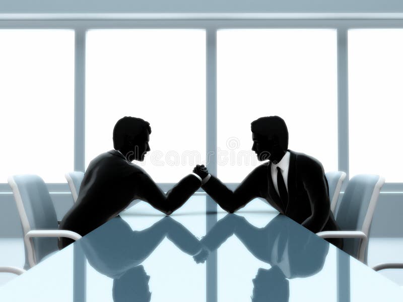 An illustration of the silhouettes of two men in business suits, arm wrestling at a table. An illustration of the silhouettes of two men in business suits, arm wrestling at a table.