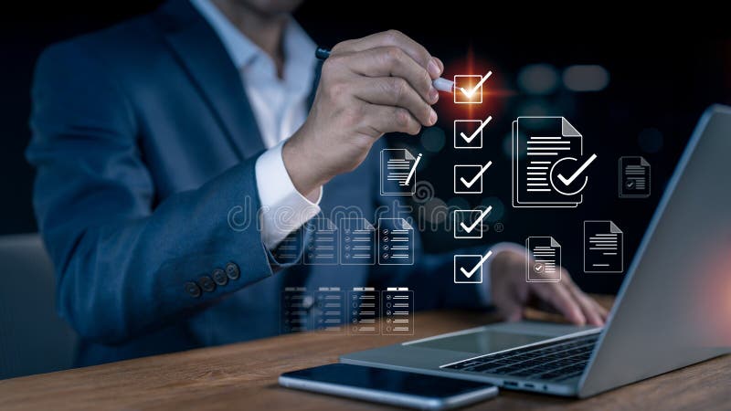 Businessmen do an assessment, questionnaire, evaluation, online survey, online test, checklist, and the correct sign for document royalty free stock images