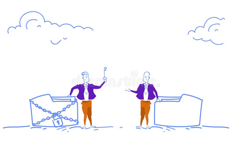 Businessmen holding key database chain padlock folder access corporate data protection concept horizontal sketch doodle royalty free illustration