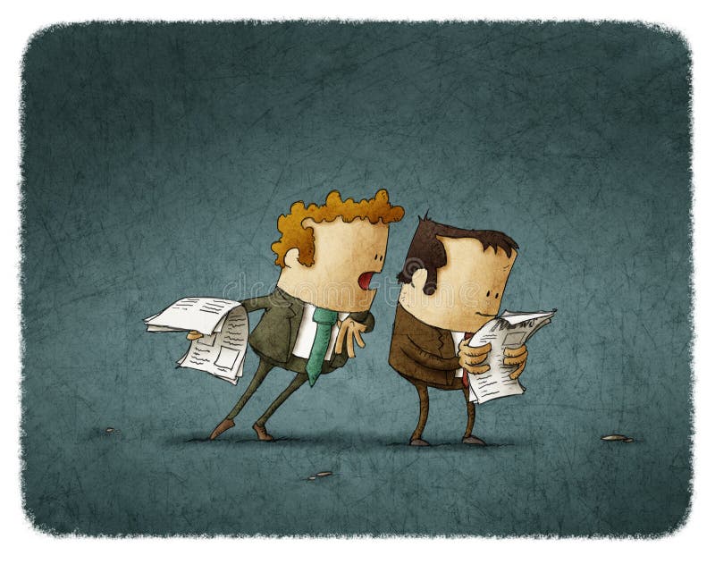 Man trying to read a newspaper of another man. Man reading magazine illustrations