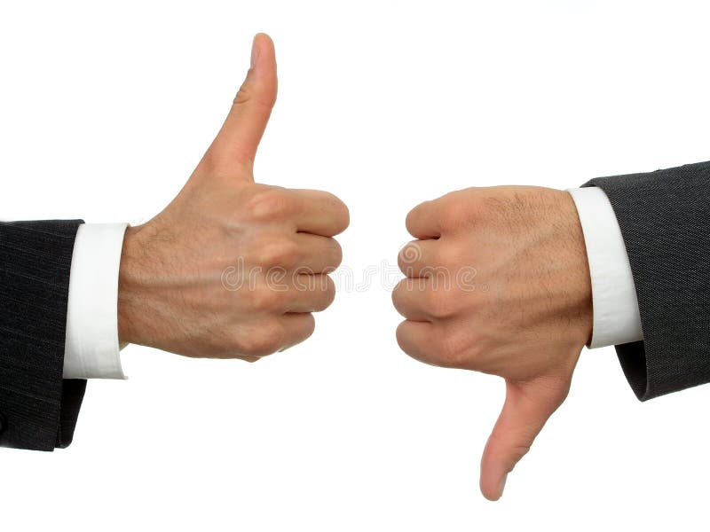 Businessmen's hands, one thumbs-up, one thumbs-down