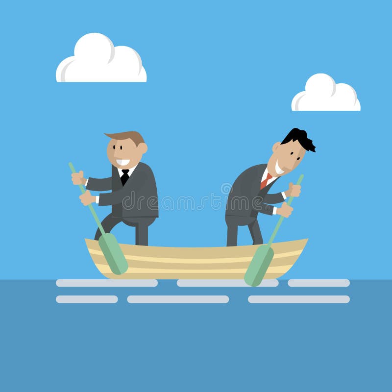Businessmen swim in a boat in different directions