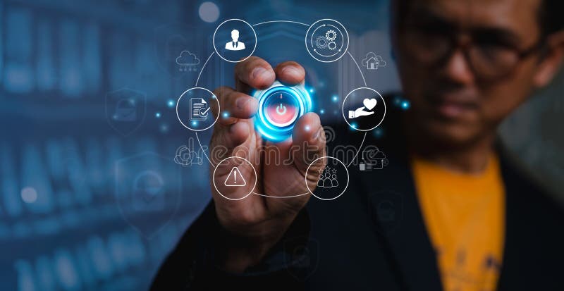 Businessmen use cybersecurity technology to secure their personal data on devices and virtual interfaces, as well as to protect royalty free stock photos