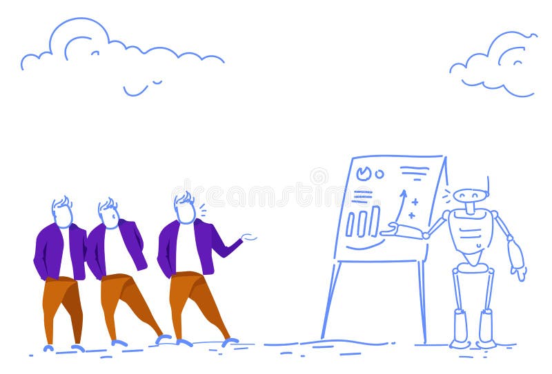 Businessmen vs modern robot financial graph analytics consultation concept men bot standing together brainstorming stock illustration Businessmen vs modern robot financial graph analytics consultation concept men bot standing together brainstorming stock illustration