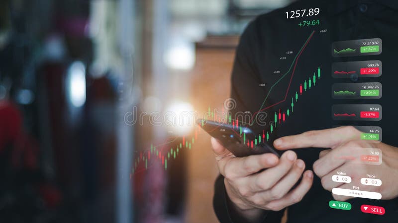 Businessmen work with stock market investments using smartphone to analyze trading data.