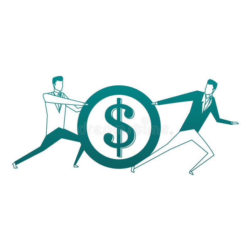 Businessmens pulling and pushing a coin in blue lines stock illustration Businessmens pulling and pushing a coin in blue lines stock illustration