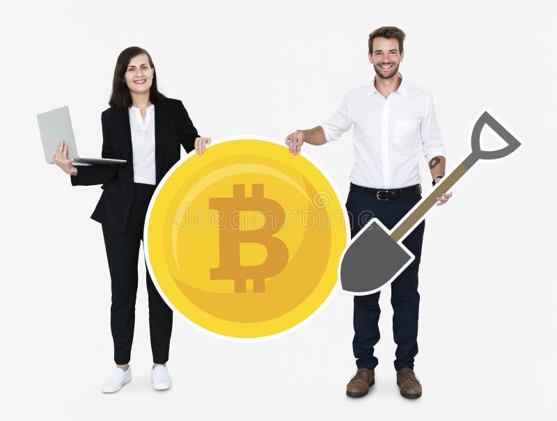 Businesspeople som rymmer bitcoincryptocurrency och bryter begreppssymboler royaltyfria bilder