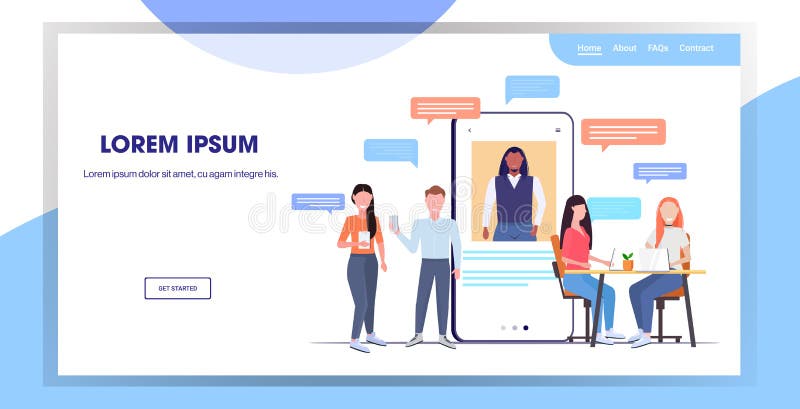 Businesspeople using chatting apps on digital devices social network chat bubble communication concept smartphone screen stock illustration