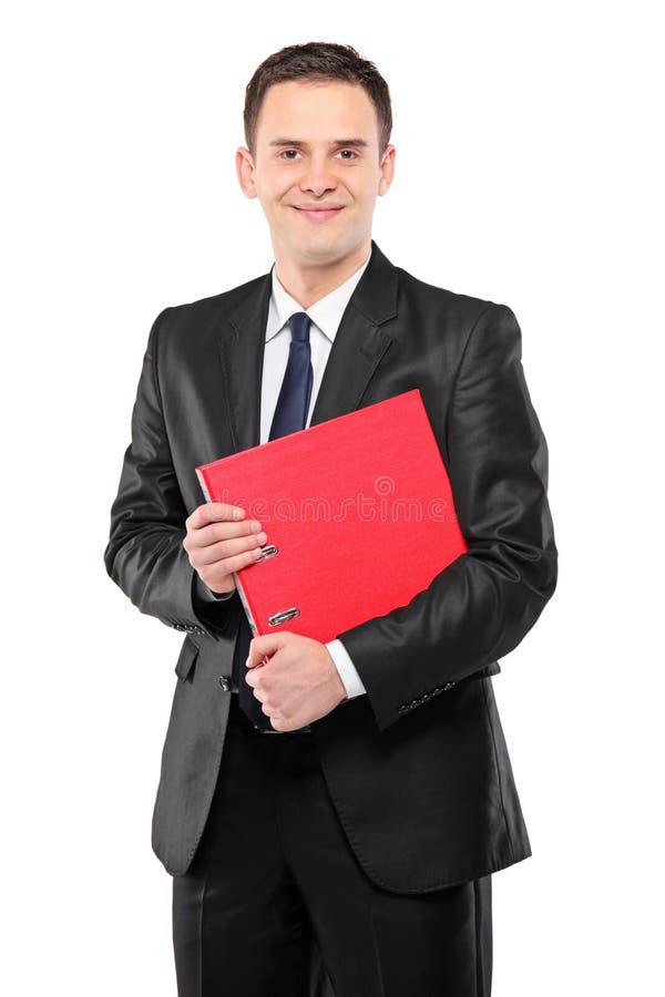 A happy businessperson holding a red folder with documents isolated on white background. A happy businessperson holding a red folder with documents isolated on white background