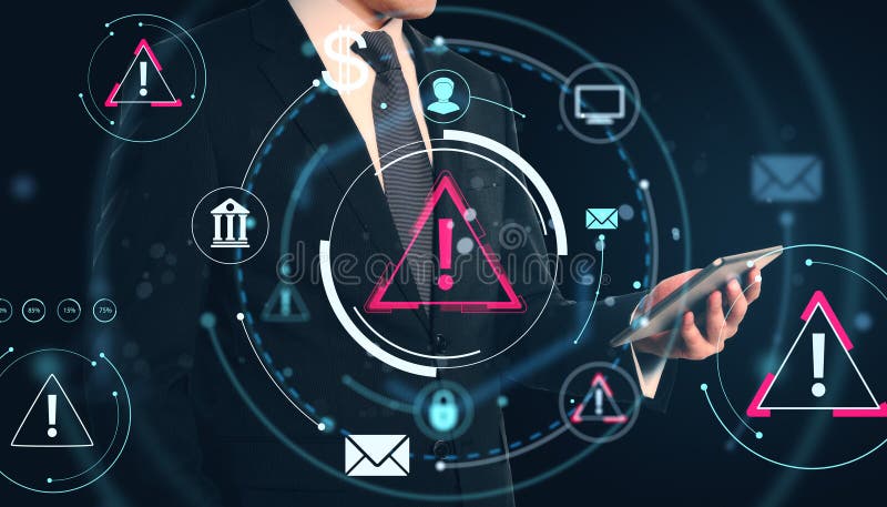 Businessperson holding tablet with cybersecurity warning icons and digital danger symbols on abstract technology background stock photography