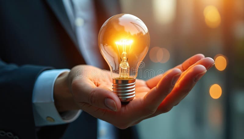 Businessperson holds lit light bulb, symbol of idea, innovation, solution, success. Businessman in suit presents bright electric vector illustration