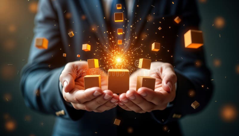 Businessperson holds multiple small golden blocks in hands. Blocks form stack. Sparkles emerge around blocks. Business agility stock illustration