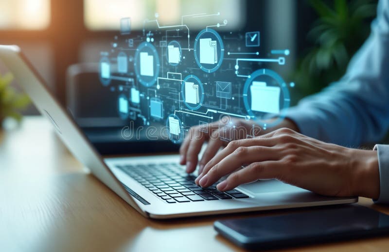 Businessperson using laptop to manage digital documents. Online database, file storage system visible. Modern tech for records stock illustration