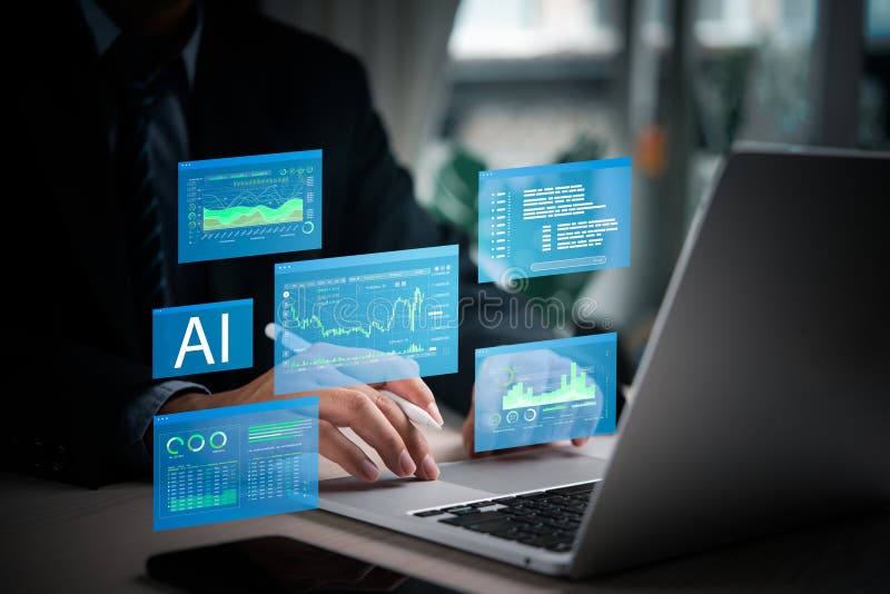 Businessperson working with AI-powered financial data analysis tools, showcasing advanced technology in finance. Ideal for fintech royalty free stock photos