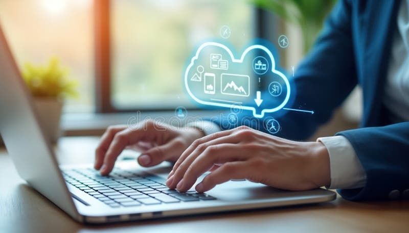Businessperson working on laptop with cloud computing graphic overlay. Person types on keyboard. Cloud tech concept. Digital vector illustration