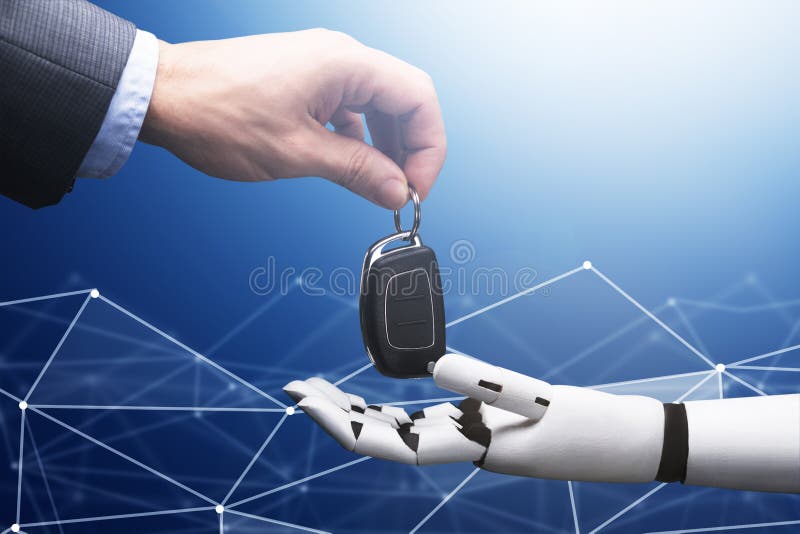 Businesspersons Hand, die Autoschlüssel zum Roboter gibt