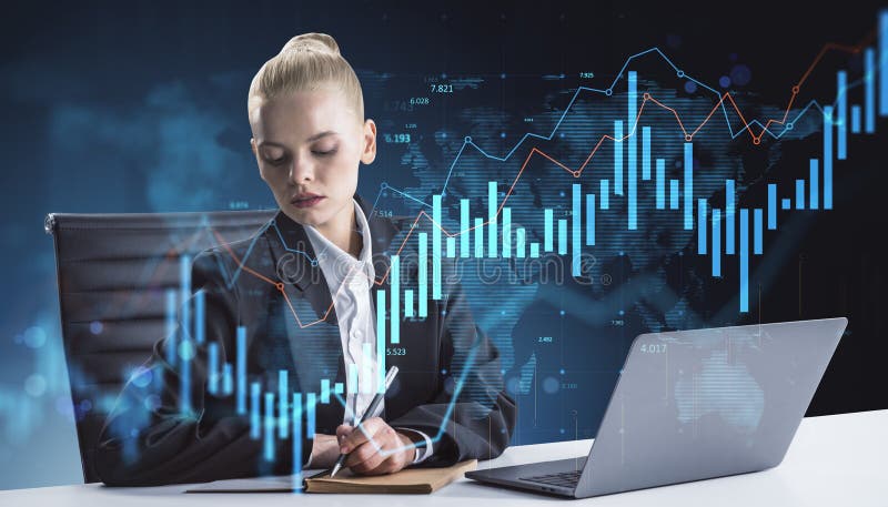 Businesswoman analyzing data on futuristic financial interface with digital graphs and charts on dark world map background using royalty free stock photography