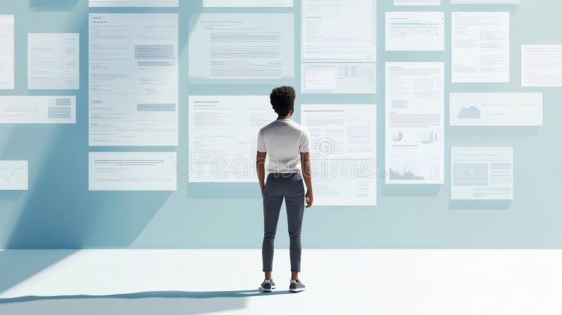 Businesswoman analyzing multiple documents hanging on a digital wall royalty free illustration