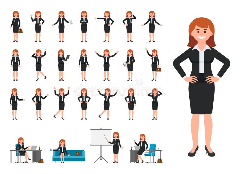 Businesswoman in black suit cartoon character. Vector illustration of female working in office.