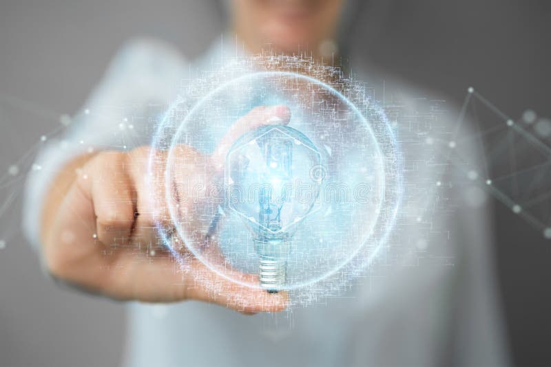 Businesswoman holding a lighbulb with connections in her hand 3D rendering vector illustration Businesswoman holding a lighbulb with connections in her hand 3D rendering vector illustration