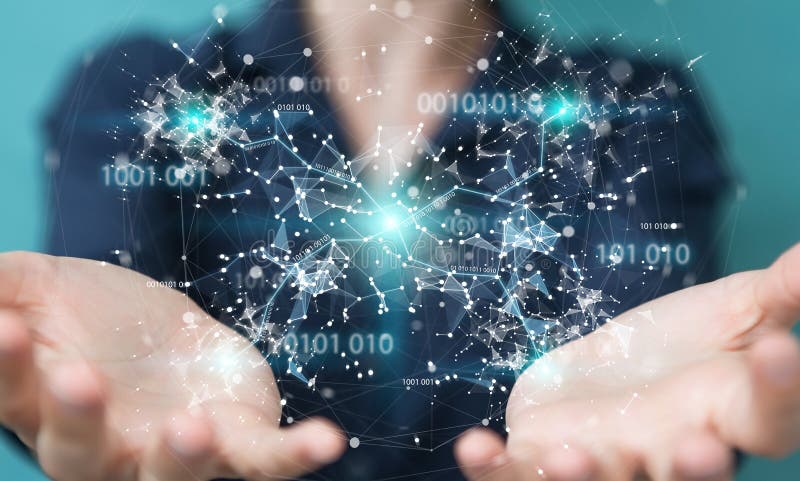 Businesswoman using digital binary code connection network 3D re vector illustration Businesswoman using digital binary code connection network 3D re vector illustration