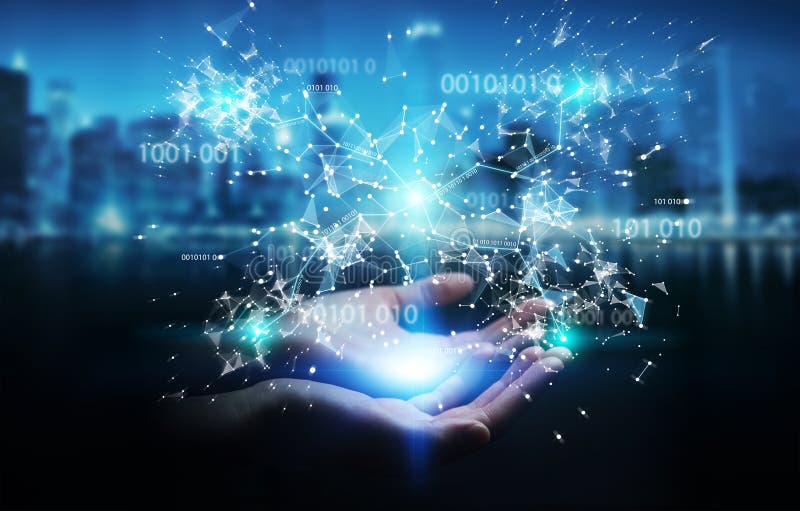 Businesswoman using digital binary code connection network 3D re royalty free illustration Businesswoman using digital binary code connection network 3D re royalty free illustration