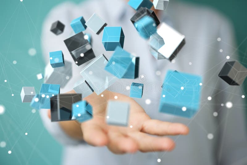 Businesswoman using floating blue shiny cube network 3D rendering vector illustration Businesswoman using floating blue shiny cube network 3D rendering vector illustration